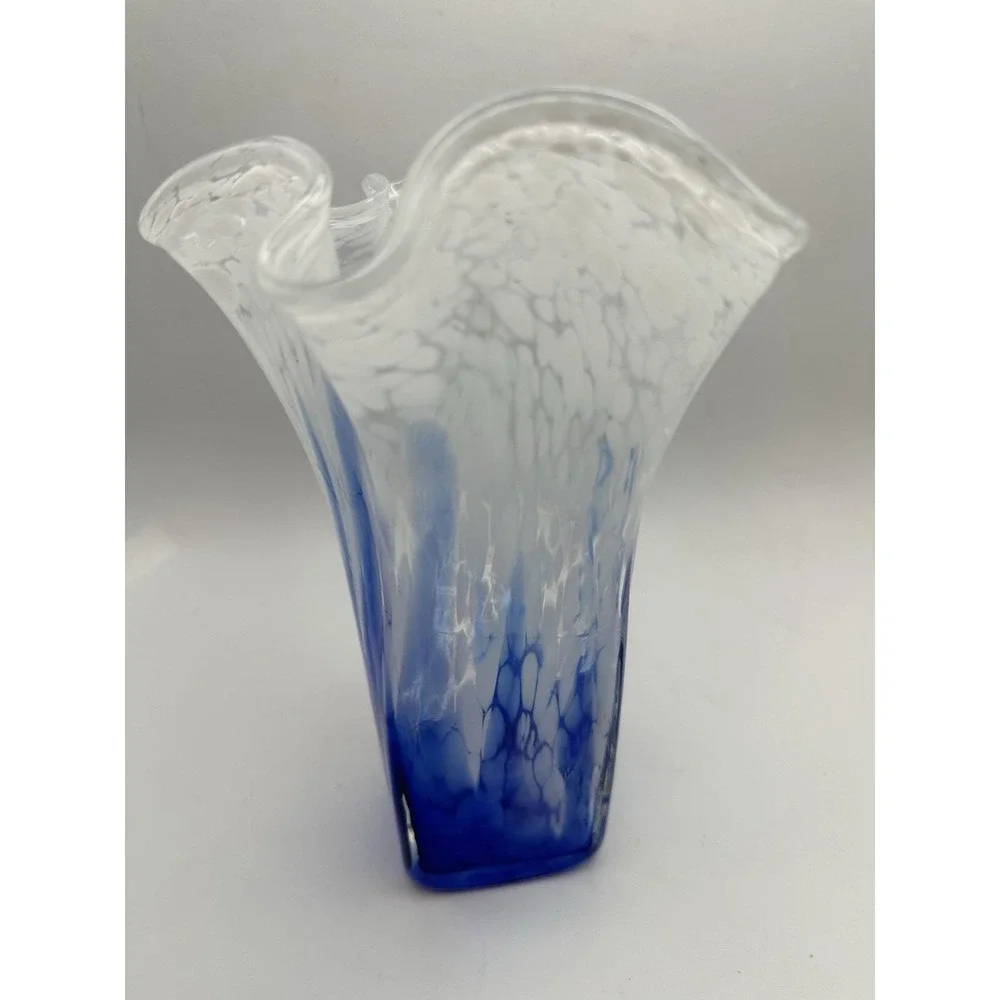 Hand Blown Art Glass Vase Blue White Spatter Ruffled Rim Studio Glass - Picture 4 of 10